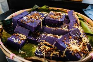 Ube rice cakes with latik and cheese toppings