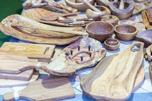 Various kitchenware made of olive wood
