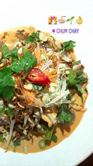 Vegan food at Chum Chay in Cologne - organic tofu in red coconut curry with beans, carrots, chestnuts, onions, mushrooms, shiitake mushrooms on fragrant rice, served with fresh soy germs, exotic herbs, peanuts and fried onions