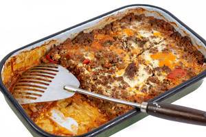 Vegetables Pie with Eggplant Leek Paprika and Minced Meat in the baking tray