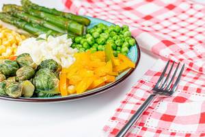 Vegetarian lunch with vegetables and rice. Healthy eating concept (Flip 2020)