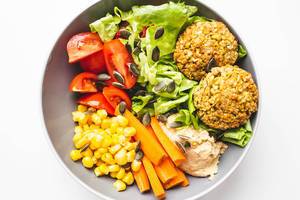 Vegetarische Ernährung – Falafel mit Humus, Salat, Gemüse und Sonnenblumenkernen
