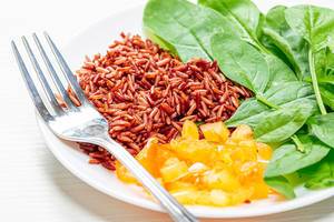 Vegetarisches Essen: Spinat-Blattsalat mit braunem Reis und Paprikawürfel, mit einer Gabel auf einem weißen Teller