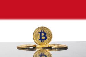 Vierer-Set goldene Bitcoins vor der rot-weißen Nationalflagge von Indonesien