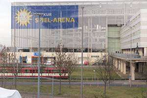 View over train on football stadium Merkur Spiel Arena in Dusseldorf, Germany