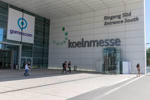 Visitors in front of the South Entrance of Gamescom in Cologne, Germany
