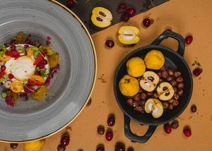 Warm Composition Of Quince, Hazelnuts And Berries (Flip 2019)