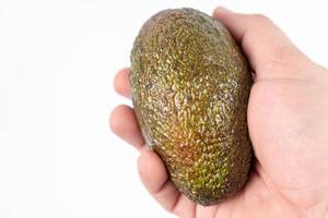 Whole Avocado in the hand above white background with copy space (Flip 2020)