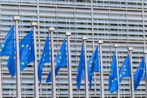 Wind blows the flags of the European Union in the headquarter of the European Committee in Brussels