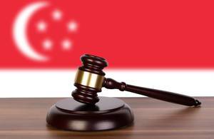 Wooden gavel and flag of Singapore