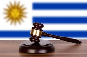 Wooden gavel and flag of Uruguay