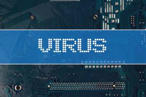 Wort Virus vor einer elektronischen Leiterplatte als Hintergrund