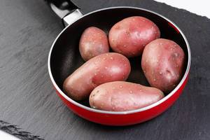 Young Potatoes in Frying Pan on the black stone tray (Flip 2019)