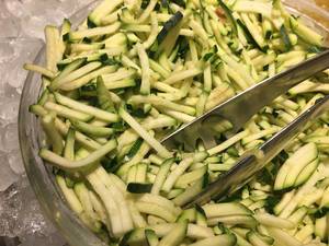 Zucchinis sliced perfectly and thin in a bowl